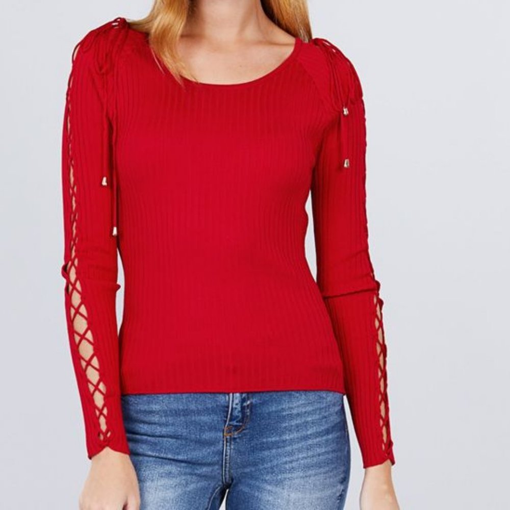 Women's Long Sleeve W/strappy Detail Round Neck Rib Sweater Top Red NWT
